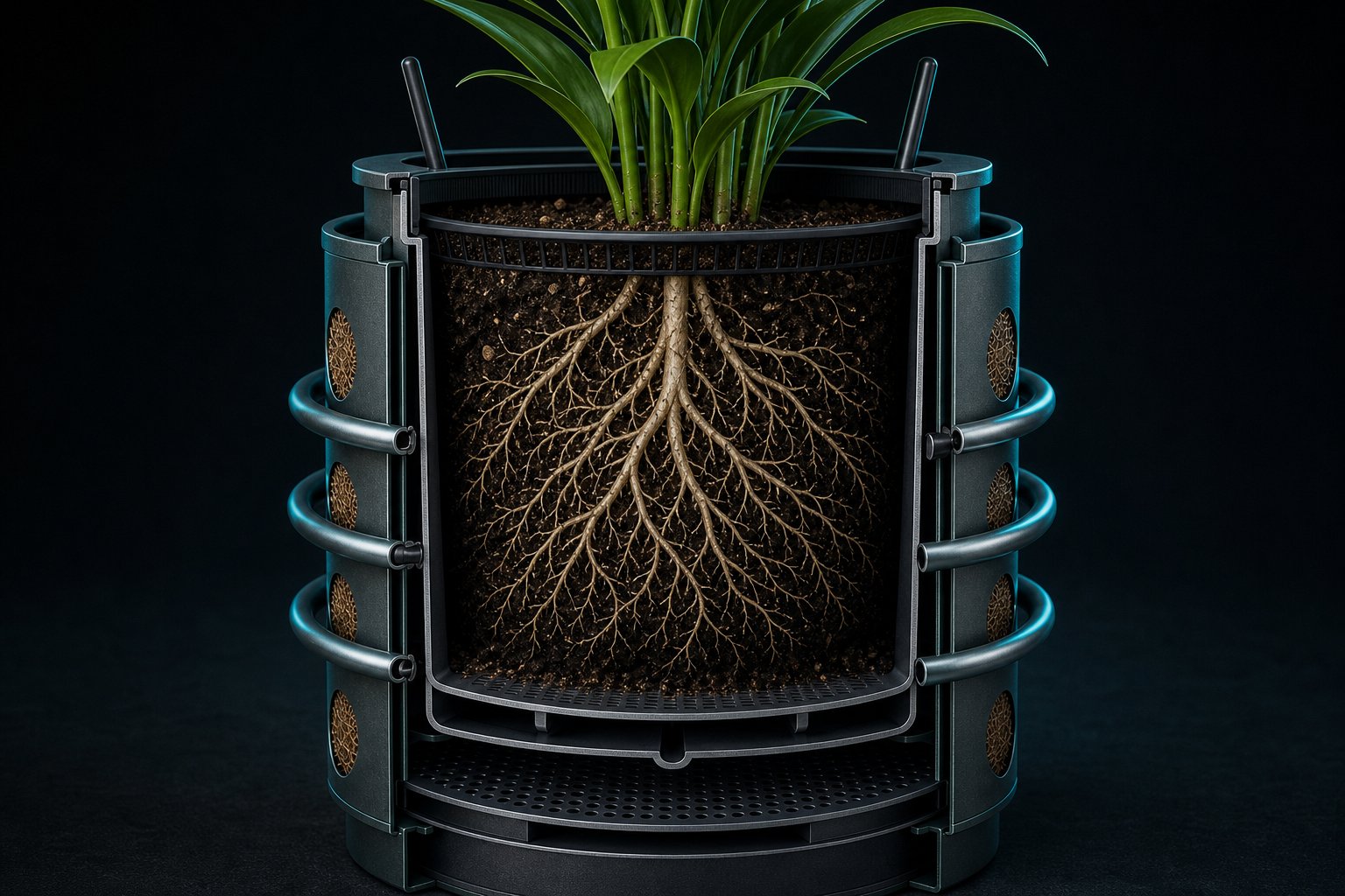 Cutaway of a breathing container showing roots
