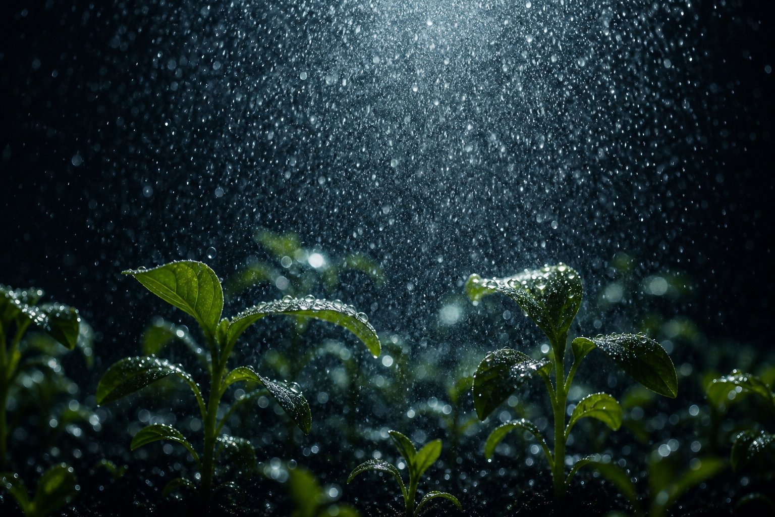 Fine mist falling over seedlings