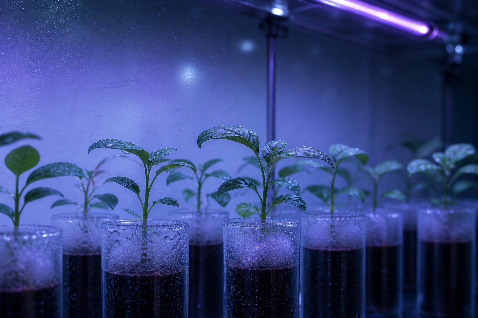 Seedlings under ultraviolet sanitizing light