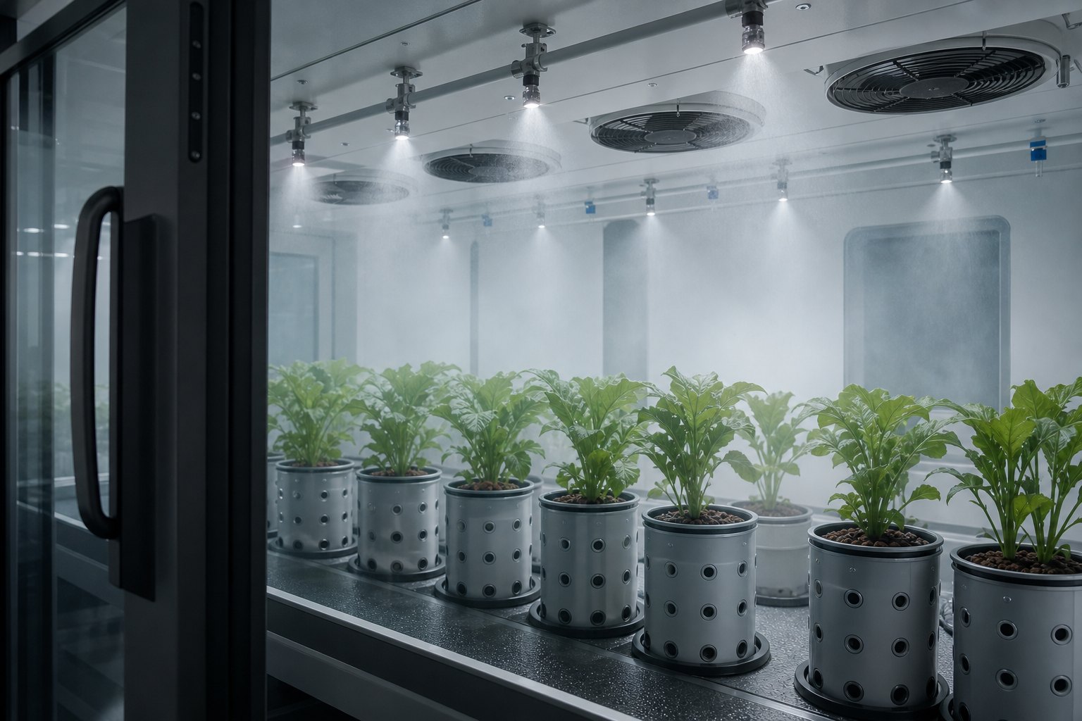 Chamber interior with mist and fans