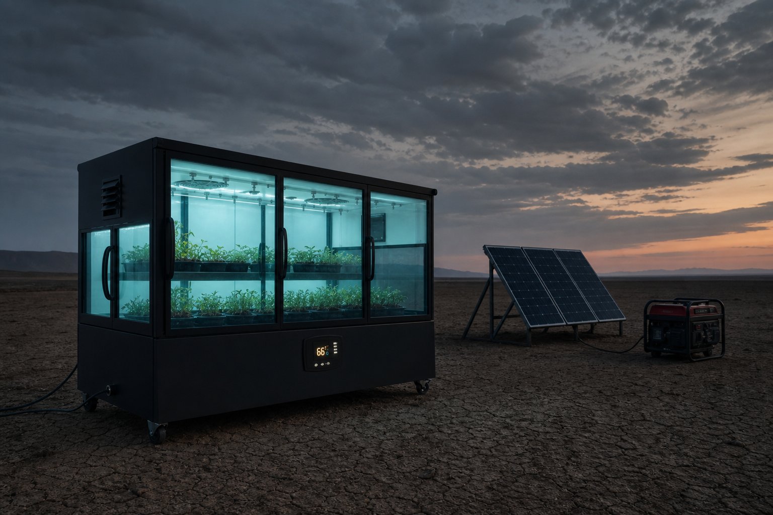 AG unit deployed in a remote field with a solar array and generator